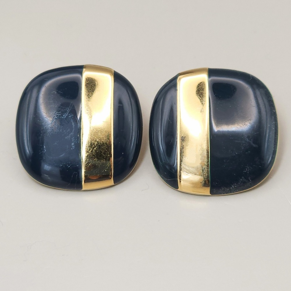 Monet Vintage Black Enamel & Gold Stripe Square‎  Button Clip On Earrings 7/8 In - Picture 2 of 11